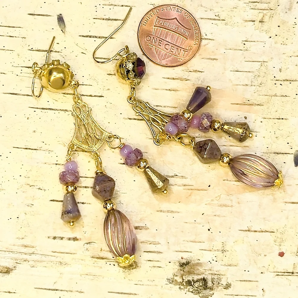 Victorian Opaline Purple W/ Crystal Flowers In 3 Strands Long GP Earrings